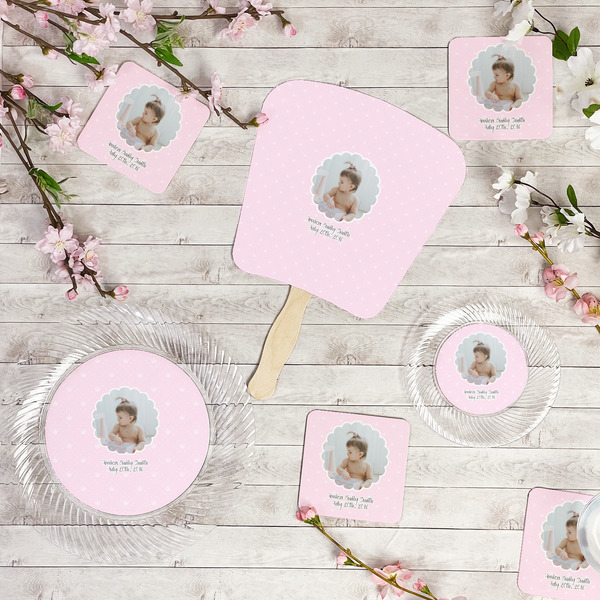 Baby Girl Photo Party Supplies Combination Image - All items - Plates, Coasters, Fans