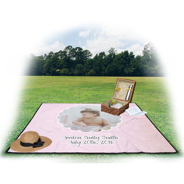 Baby Girl Photo Picnic Blanket - with Basket Hat and Book - in Use