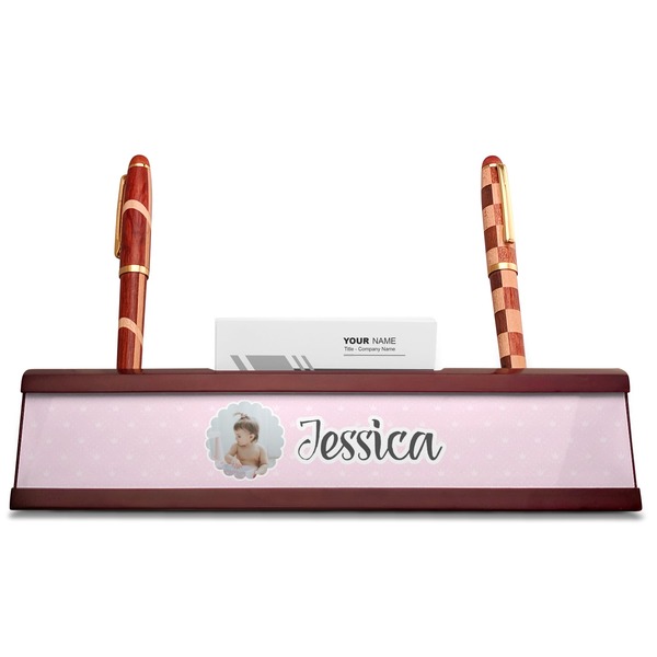 Baby Girl Photo Red Mahogany Nameplates with Business Card Holder - Straight