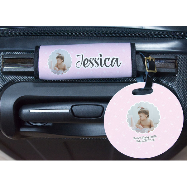Baby Girl Photo Round Luggage Tag & Handle Wrap - In Context