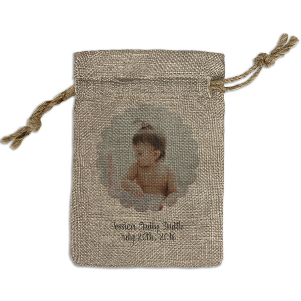 Custom Baby Girl Photo Small Burlap Gift Bag - Front