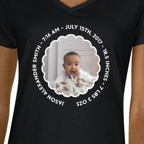 Baby Boy Photo Black V-Neck T-Shirt on Model - CloseUp