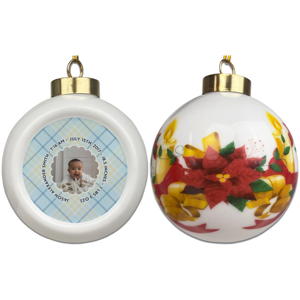 Baby Boy Photo Ceramic Christmas Ornament - Poinsettias (APPROVAL)