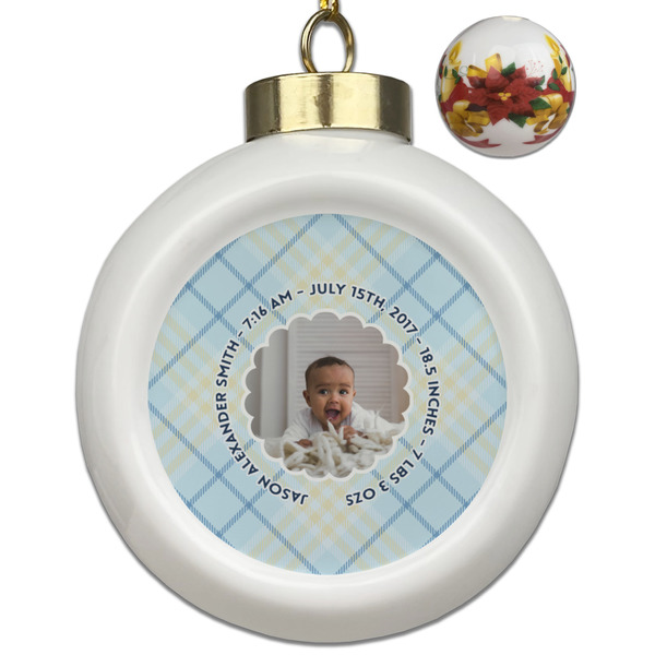 Custom Baby Boy Photo Ceramic Ball Ornaments - Poinsettia Garland