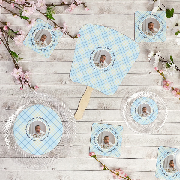 Baby Boy Photo Party Supplies Combination Image - All items - Plates, Coasters, Fans