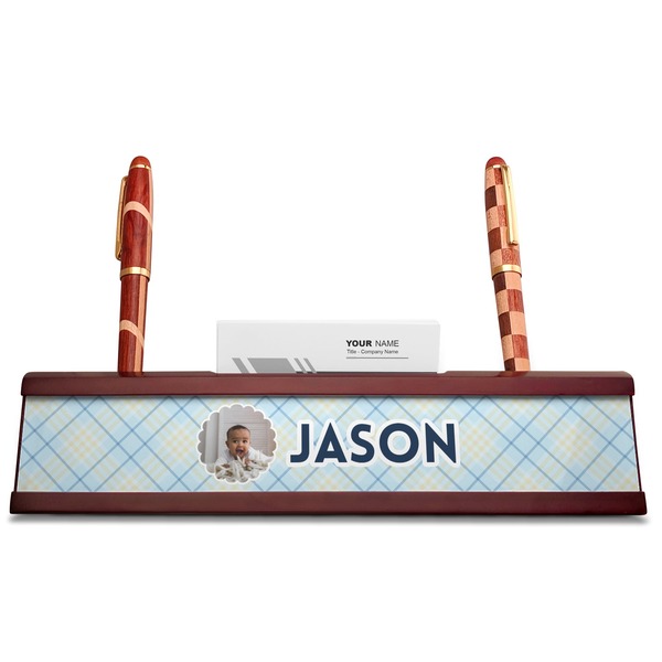 Baby Boy Photo Red Mahogany Nameplates with Business Card Holder - Straight