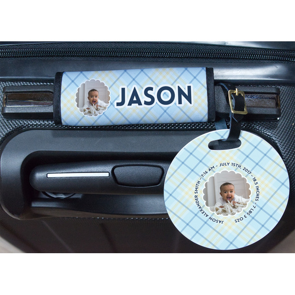 Baby Boy Photo Round Luggage Tag & Handle Wrap - In Context