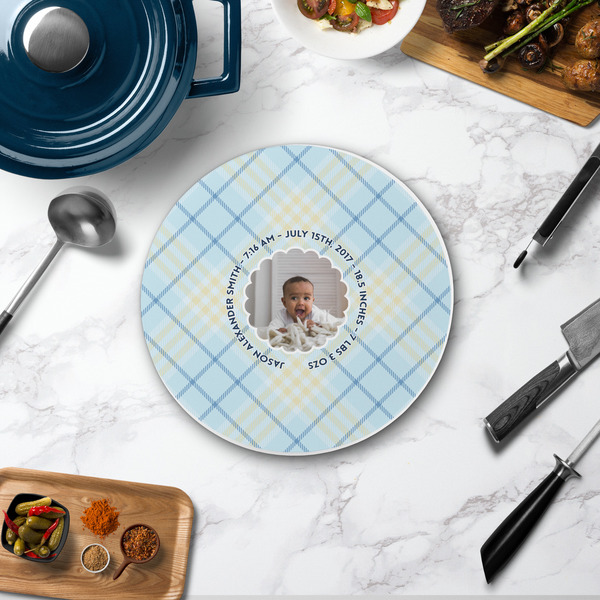 Baby Boy Photo Round Stone Trivet - In Context View