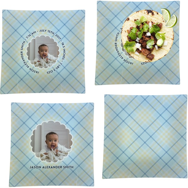 Custom Baby Boy Photo Set of 4 Glass Square Lunch / Dinner Plate 9.5" (Personalized)