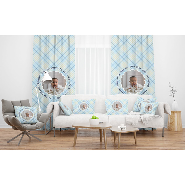 Baby Boy Photo Sheer and Custom Curtains in Room with Matching Pillows