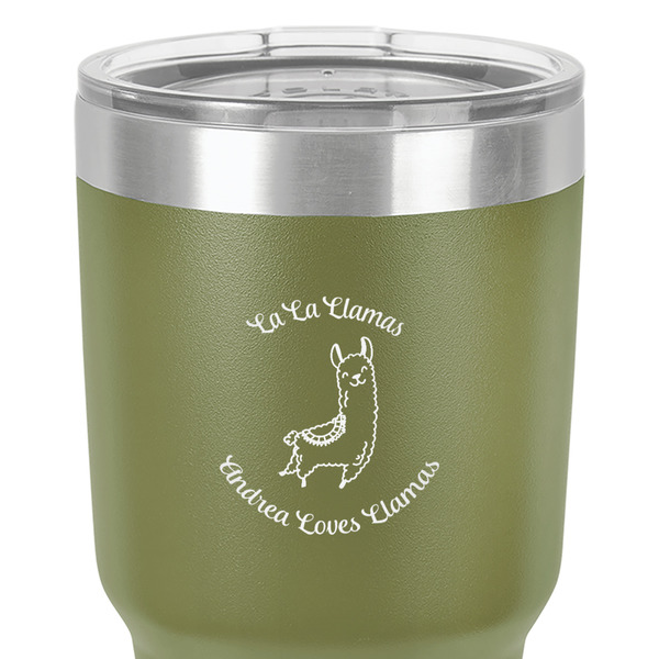 Llamas 30 oz Stainless Steel Ringneck Tumbler - Olive - Close Up