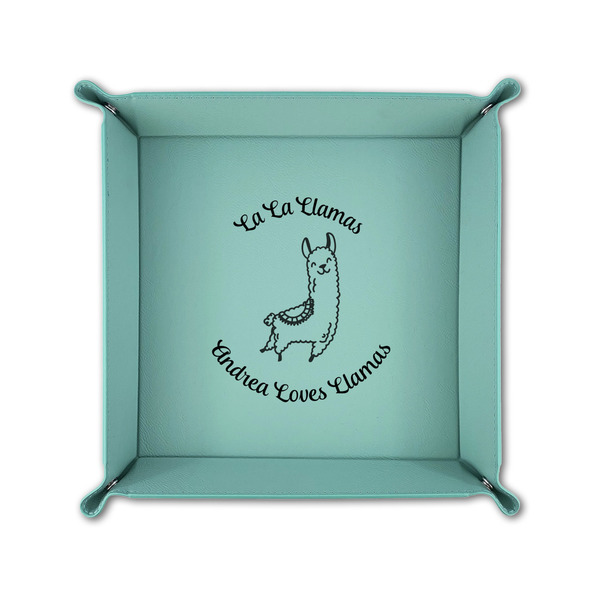 Llamas 6" x 6" Teal Leatherette Snap Up Tray - FOLDED UP