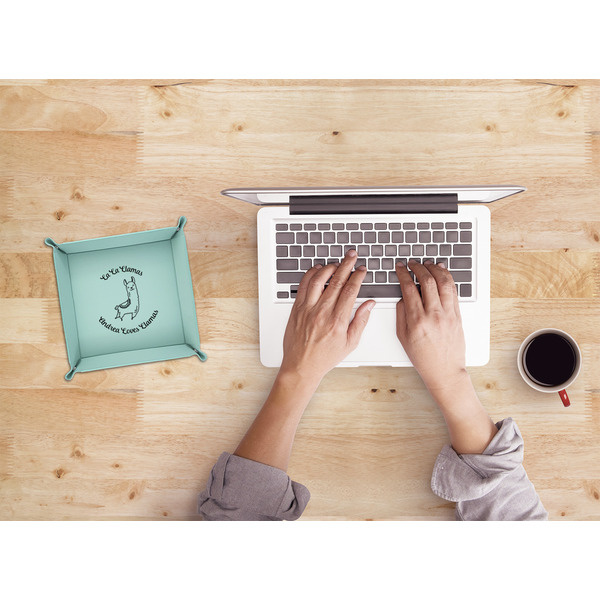 Llamas 6" x 6" Teal Leatherette Snap Up Tray - LIFESTYLE