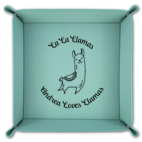 Llamas 9" x 9" Teal Leatherette Snap Up Tray - FOLDED