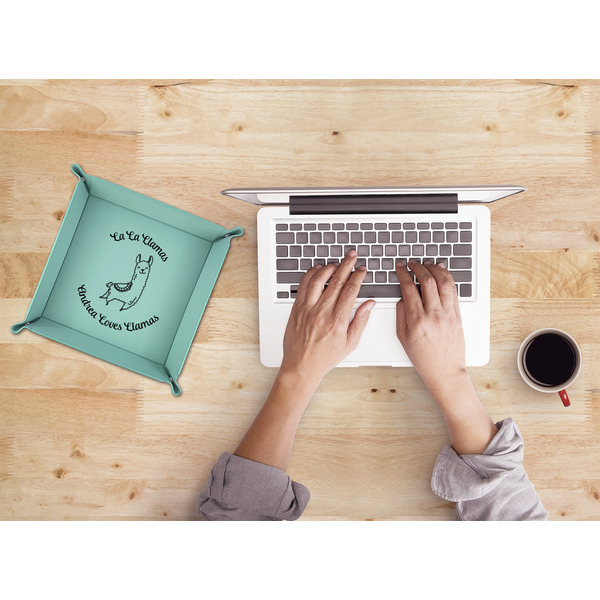 Llamas 9" x 9" Teal Leatherette Snap Up Tray - LIFESTYLE