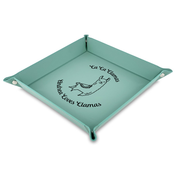 Custom Llamas 9" x 9" Teal Faux Leather Valet Tray (Personalized)