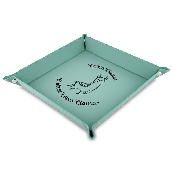 Custom Llamas Faux Leather Dice Tray - 9" x 9"  - Teal (Personalized)