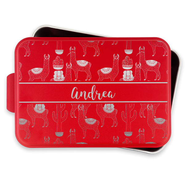 Llamas Aluminum Baking Pan - Red Lid - FRONT w/lif off