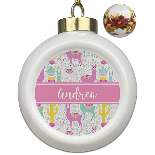 Custom Llamas Ceramic Ball Ornaments - Poinsettia Garland (Personalized)