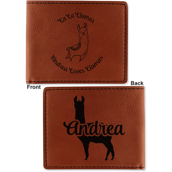 Llamas Cognac Leatherette Bifold Wallets - Front and Back