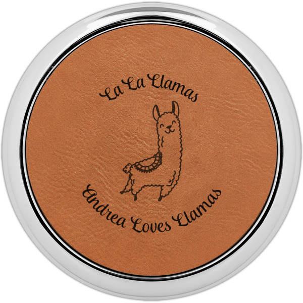 Custom Llamas Set of 4 Leatherette Round Coasters w/ Silver Edge (Personalized)