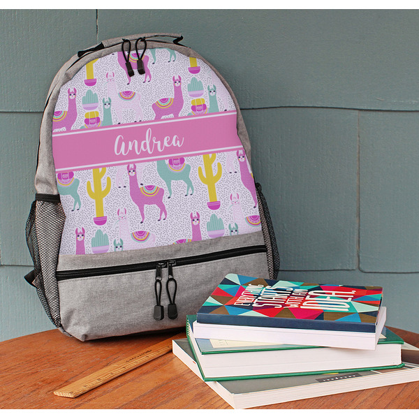 Llamas Large Backpack - Gray - On Desk