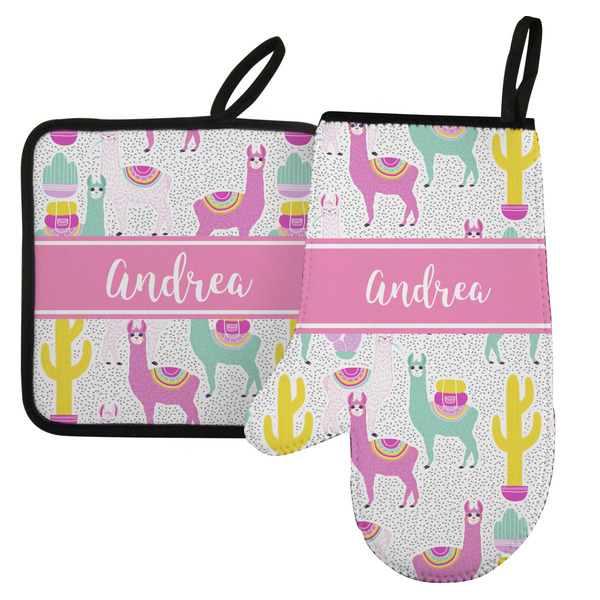 Custom Llamas Left Oven Mitt & Pot Holder Set w/ Name or Text