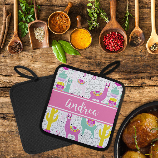 Llamas Neoprene Pot Holder - Set of 2  LIFESTYLE (Flatlay)