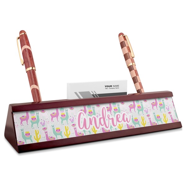 Custom Llamas Red Mahogany Nameplate with Business Card Holder (Personalized)