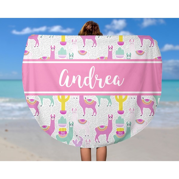 Llamas Round Beach Towel - In Use