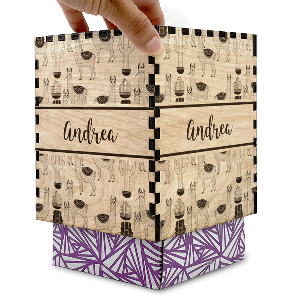 Llamas Square Tissue Box Covers - Wood - with box