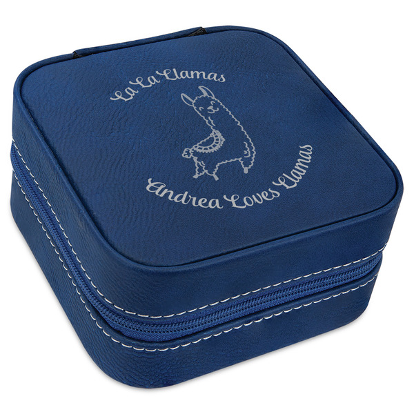 Custom Llamas Travel Jewelry Box - Navy Blue Leather (Personalized)