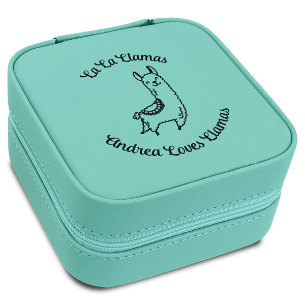 Custom Llamas Travel Jewelry Box - Teal Leather (Personalized)