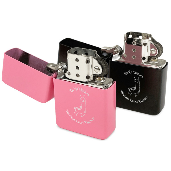Llamas Windproof Lighters - Black & Pink - Open