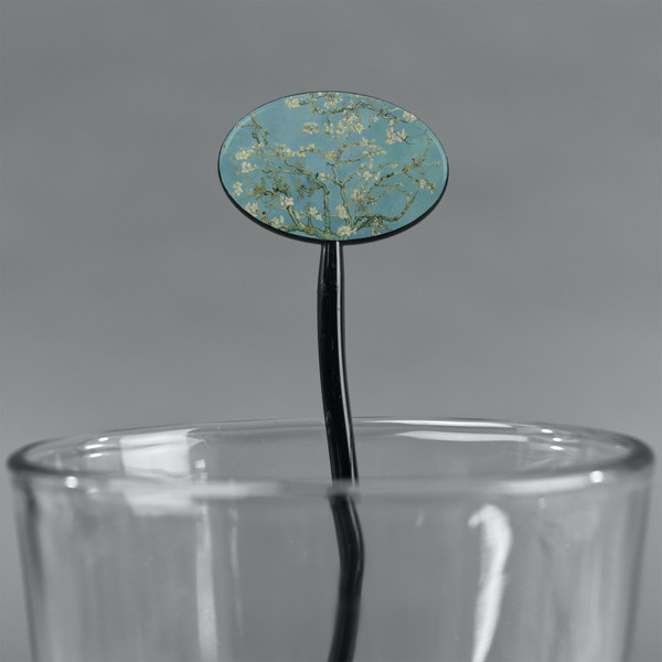 Almond Blossoms (Van Gogh) Black Plastic 7" Stir Stick - Oval - Main