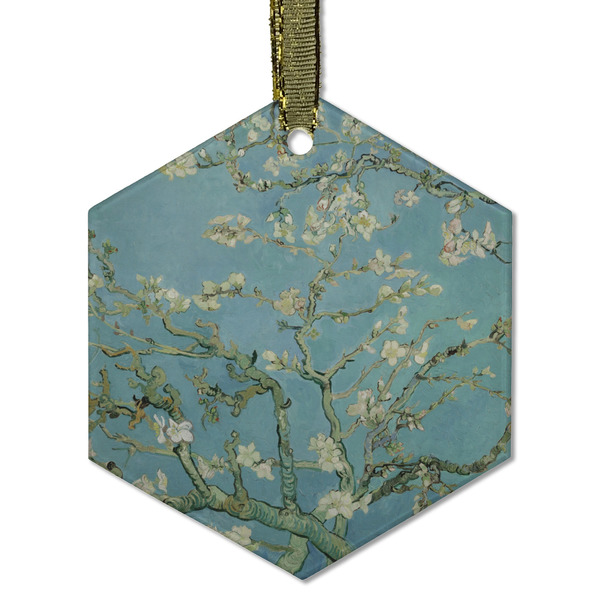 Custom Almond Blossoms (Van Gogh) Flat Glass Ornament - Hexagon