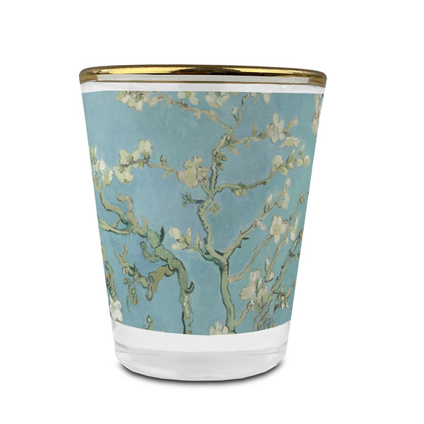 Custom Almond Blossoms (Van Gogh) Glass Shot Glass - 1.5 oz - with Gold Rim - Single