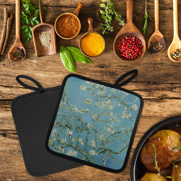 Almond Blossoms (Van Gogh) Neoprene Pot Holder - Set of 2  LIFESTYLE (Flatlay)