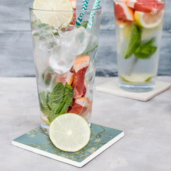 Almond Blossoms (Van Gogh) Set of 4 Stone Coasters - In Context View