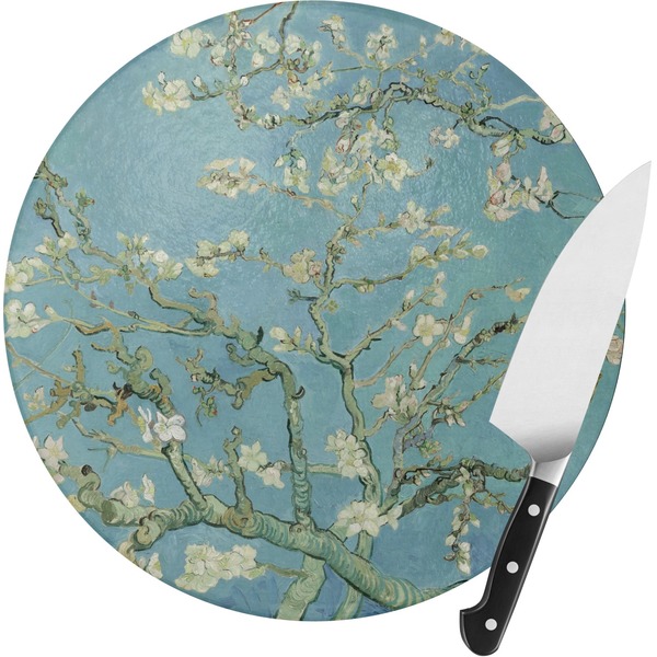 Custom Almond Blossoms (Van Gogh) Round Glass Cutting Board - Small
