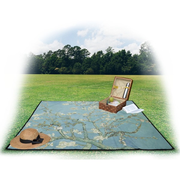 Apple Blossoms (Van Gogh) Picnic Blanket - with Basket Hat and Book - in Use