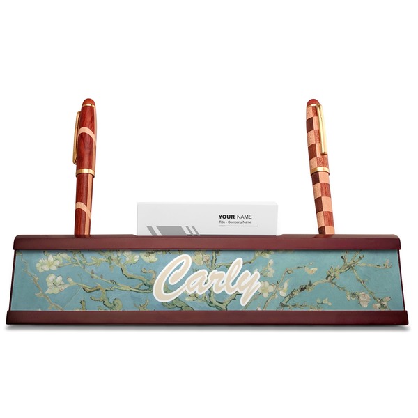 Apple Blossoms (Van Gogh) Red Mahogany Nameplates with Business Card Holder - Straight