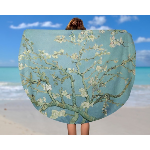 Apple Blossoms (Van Gogh) Round Beach Towel - In Use