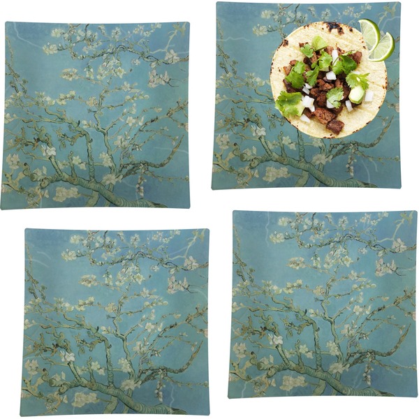 Custom Almond Blossoms (Van Gogh) Set of 4 Glass Square Lunch / Dinner Plate 9.5"