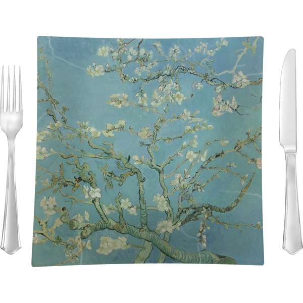 Custom Almond Blossoms (Van Gogh) 9.5" Glass Square Lunch / Dinner Plate- Single or Set of 4