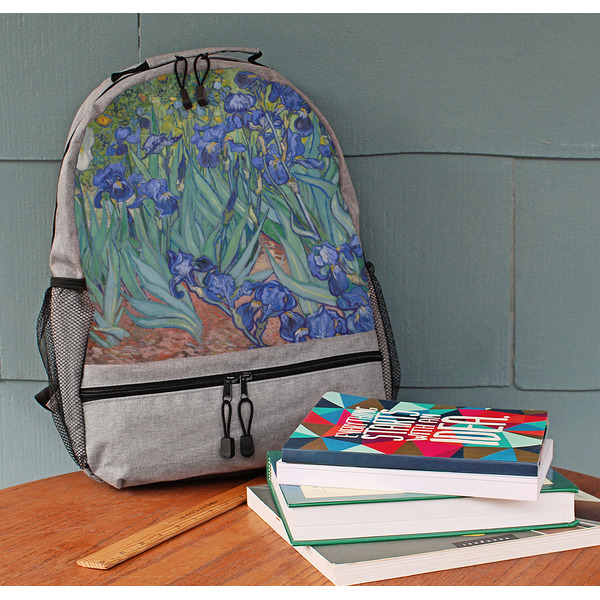 Irises (Van Gogh) Large Backpack - Gray - On Desk