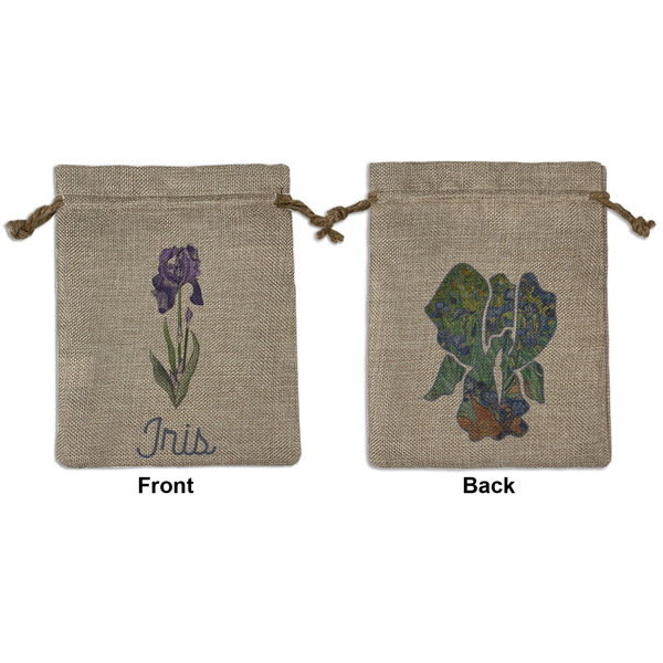 Custom Irises (Van Gogh) Medium Burlap Gift Bag - Front & Back