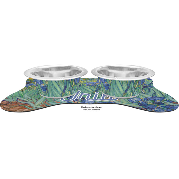 Irises (Van Gogh) Metal Pet Bowls - On Dog Bone Shaped Mat