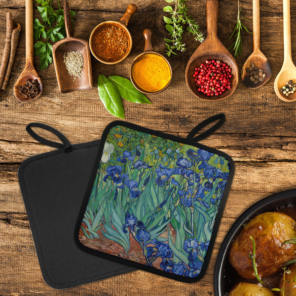 Irises (Van Gogh) Neoprene Pot Holder - Set of 2  LIFESTYLE (Flatlay)