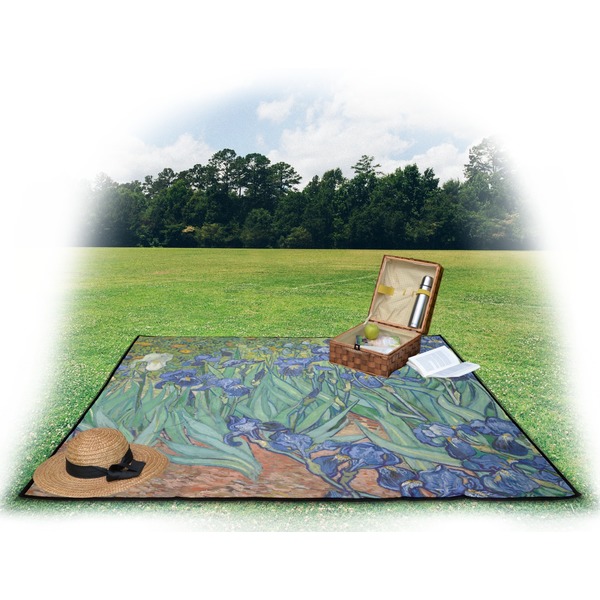 Irises (Van Gogh) Picnic Blanket - with Basket Hat and Book - in Use